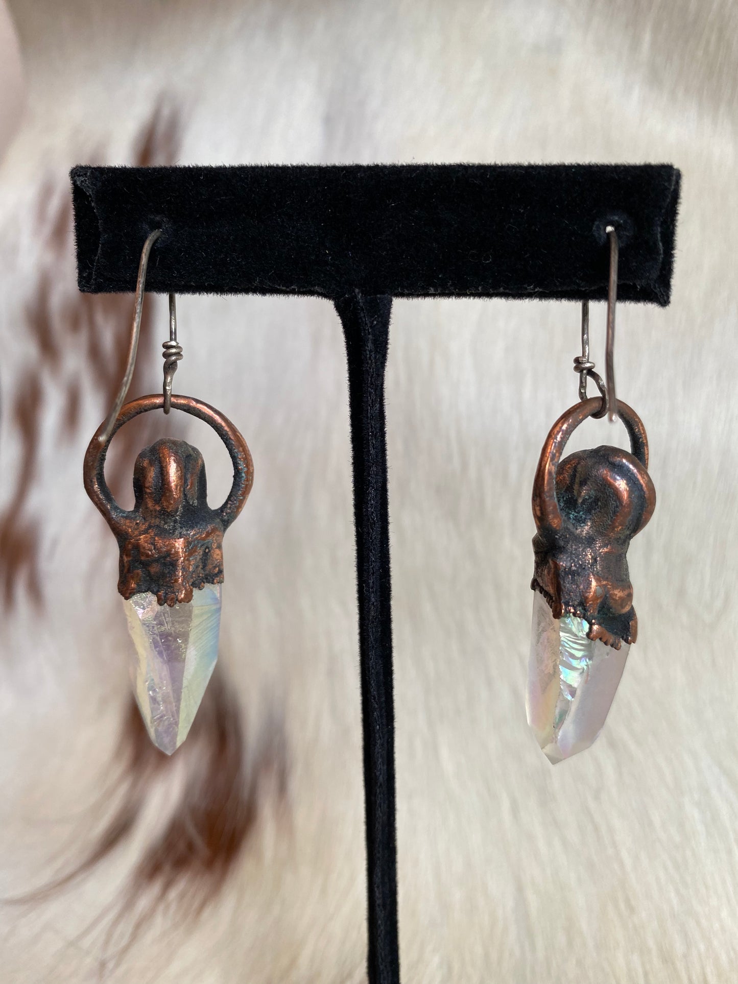 The Dwelling Gem Large Quartz Point Copper Skull Dangle Earrings