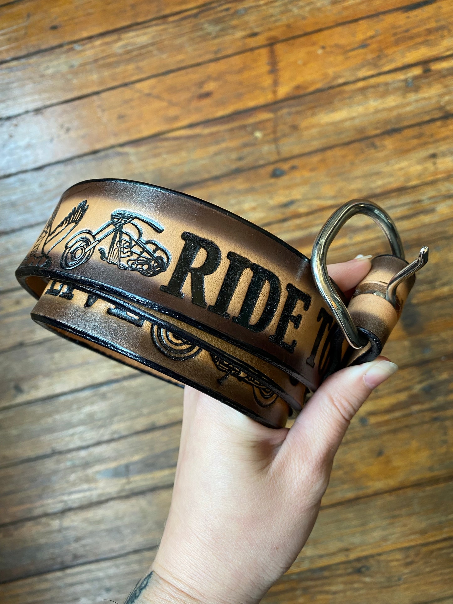 Leather Tooled “Live To Ride, Ride To Live” Belt