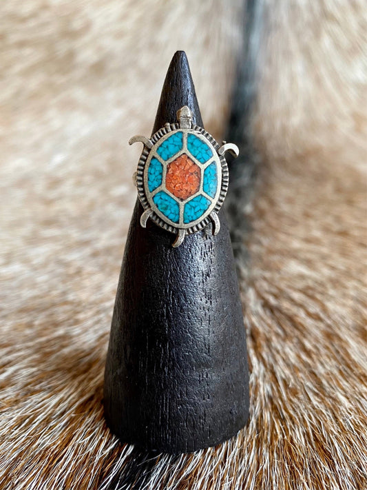 Vintage Sterling Silver Turquoise & Coral Turtle Ring