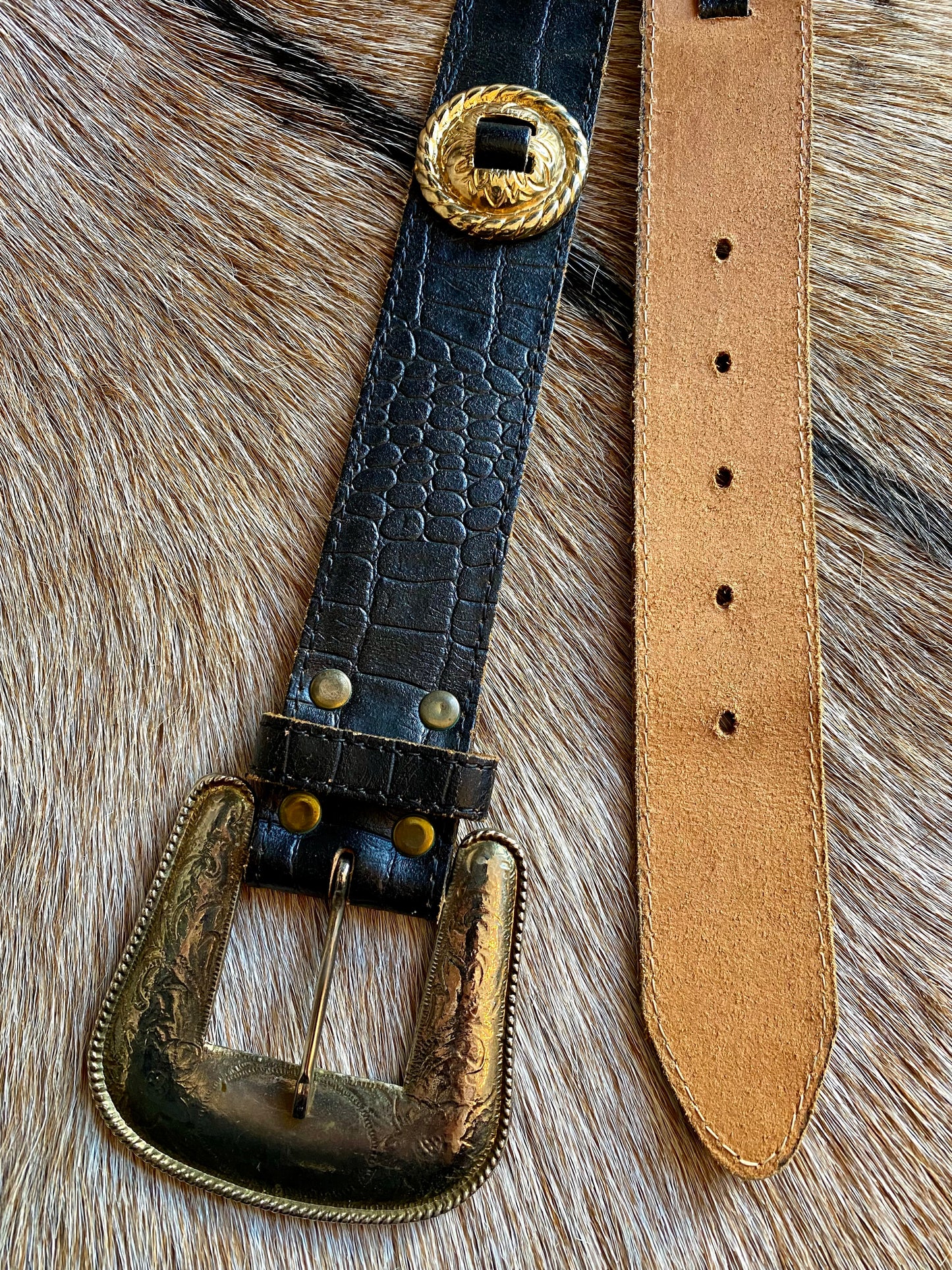 Black Leather Gold Concho & Western Buckle Belt