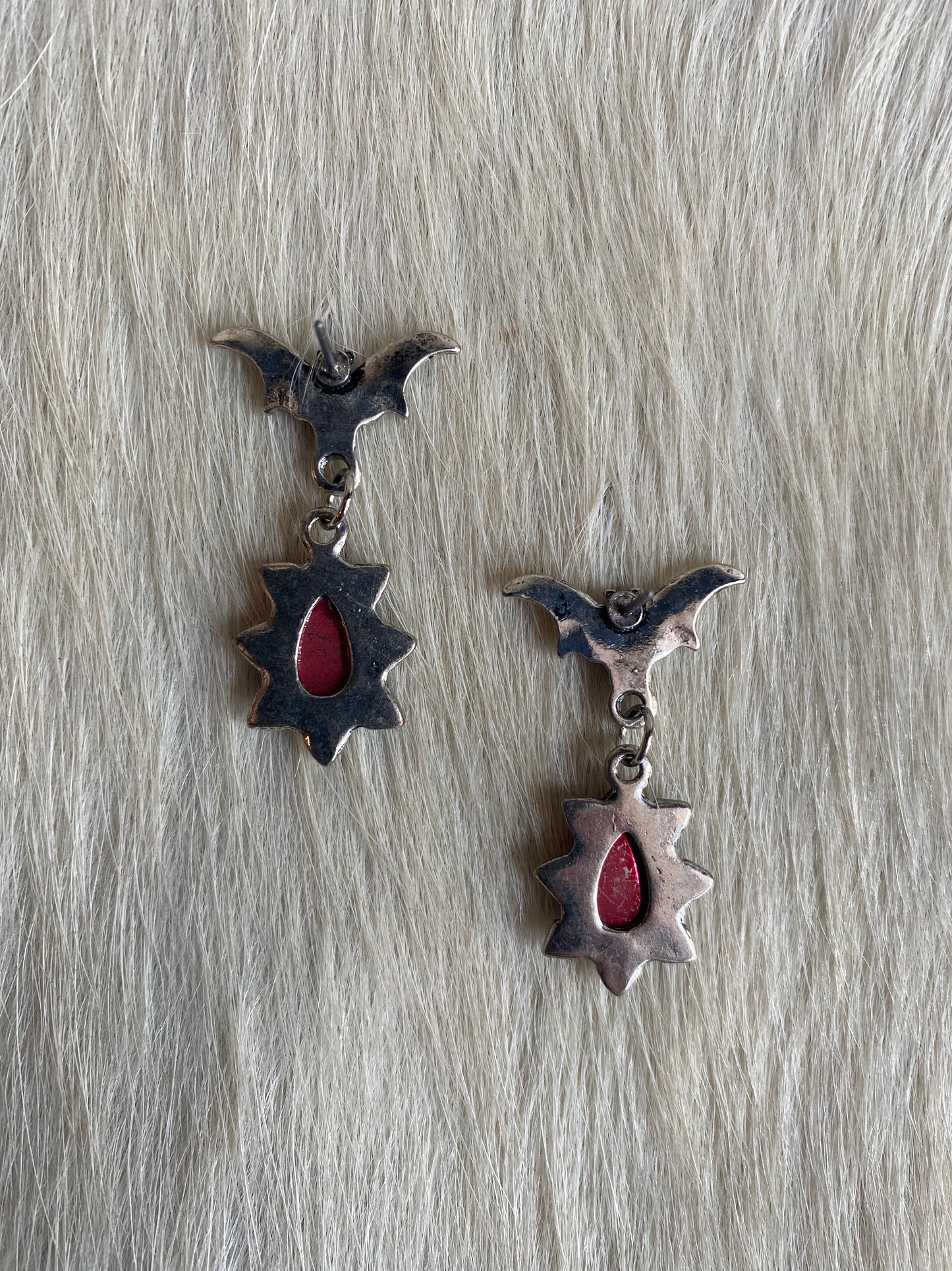 Silver Bat & Red Gem Dangle Earrings