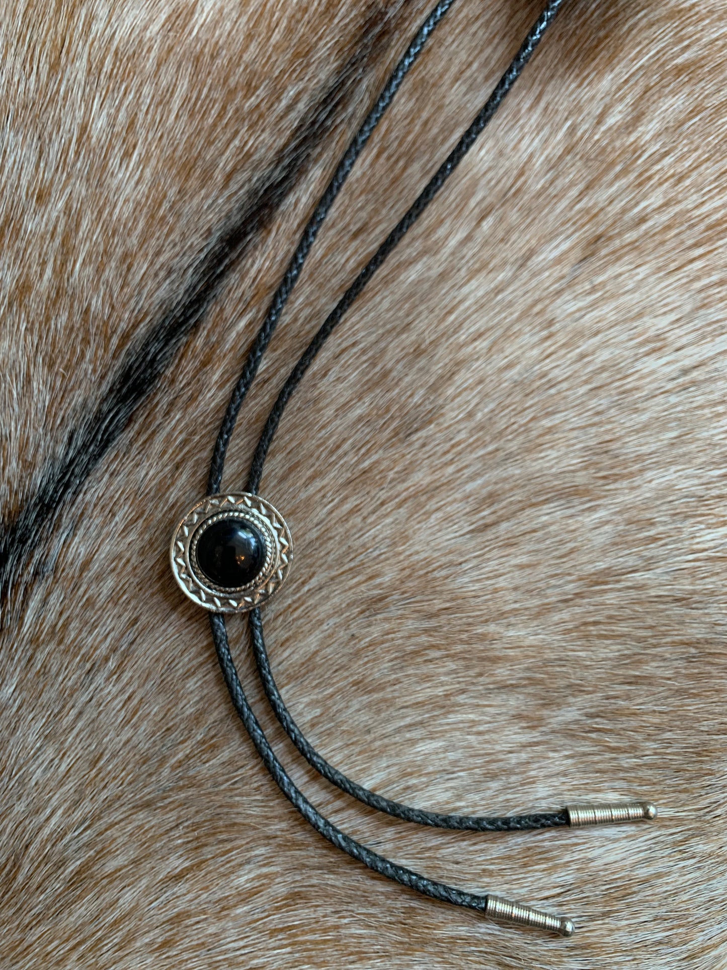 Black Round Silver and Obsidian Bolo Tie