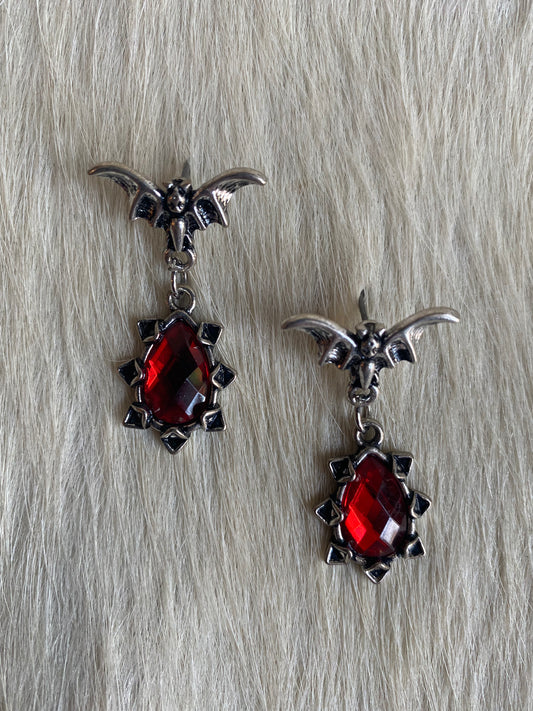 Silver Bat & Red Gem Dangle Earrings