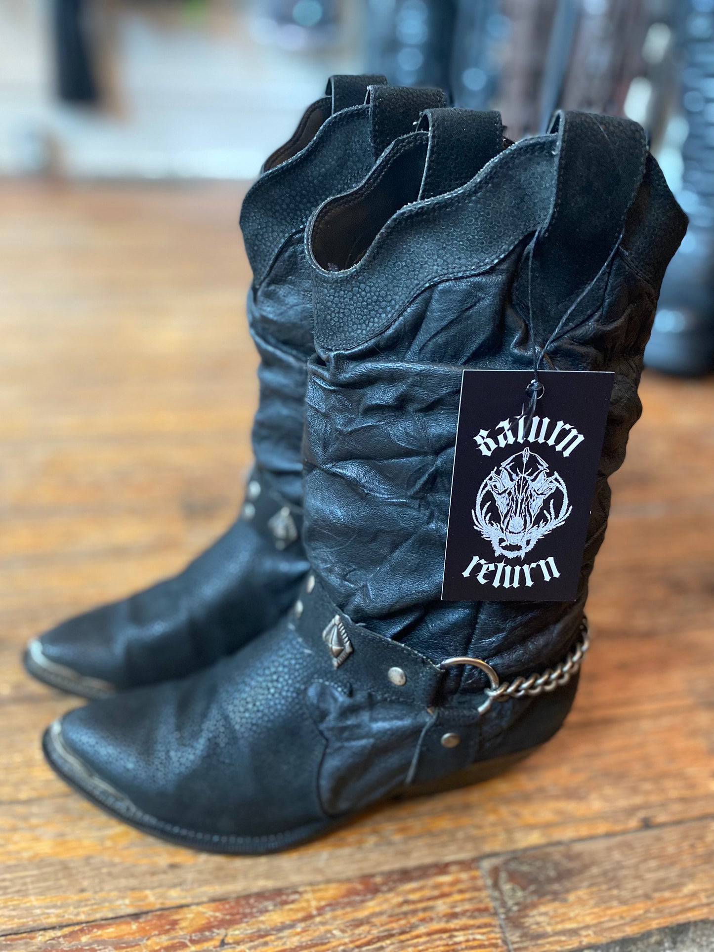 Scrunched Black Leather Silver Tip Chain Harness Cowboy Boots