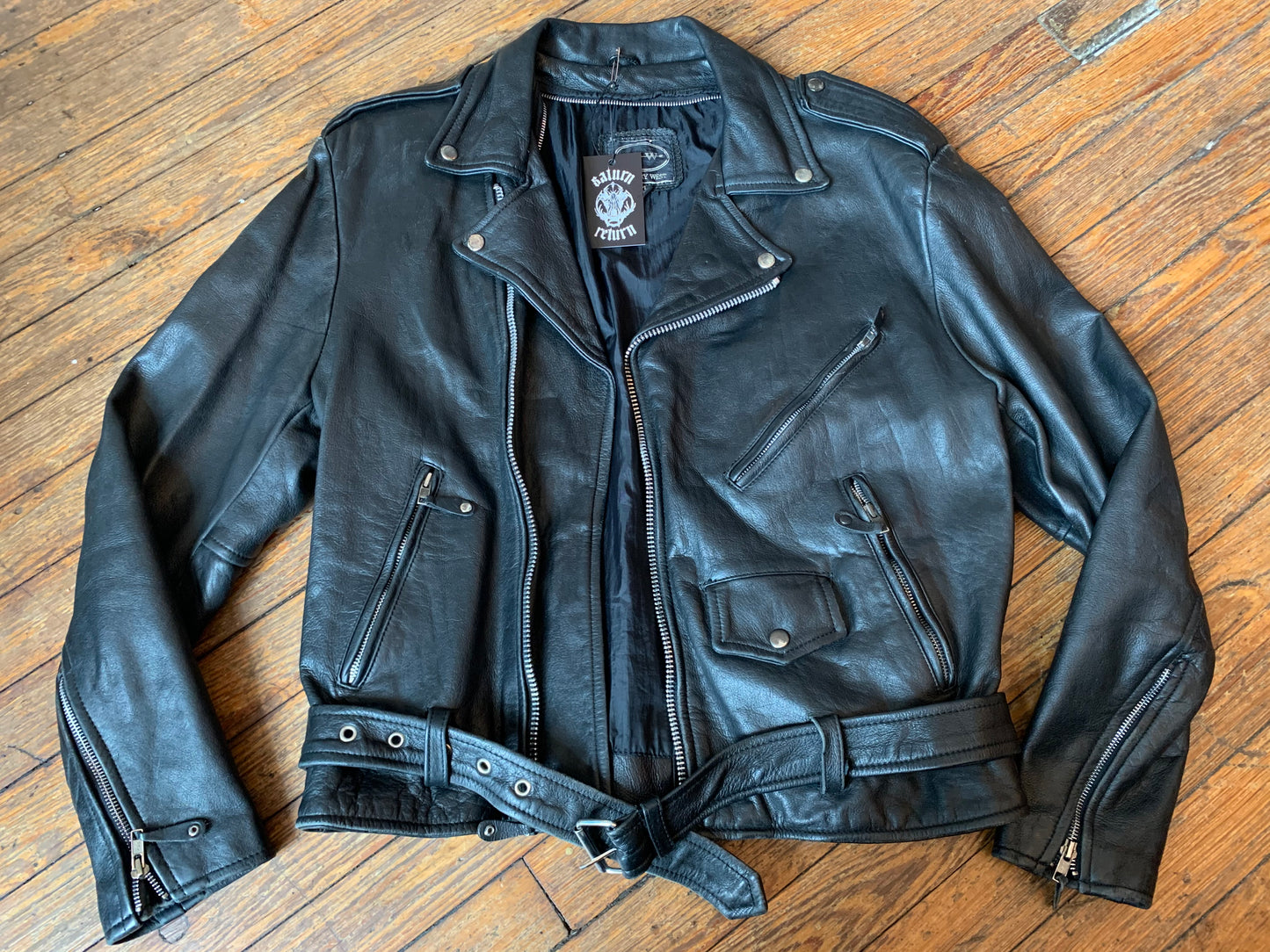 Vintage Tannery West Black Leather Motorcycle Jacket