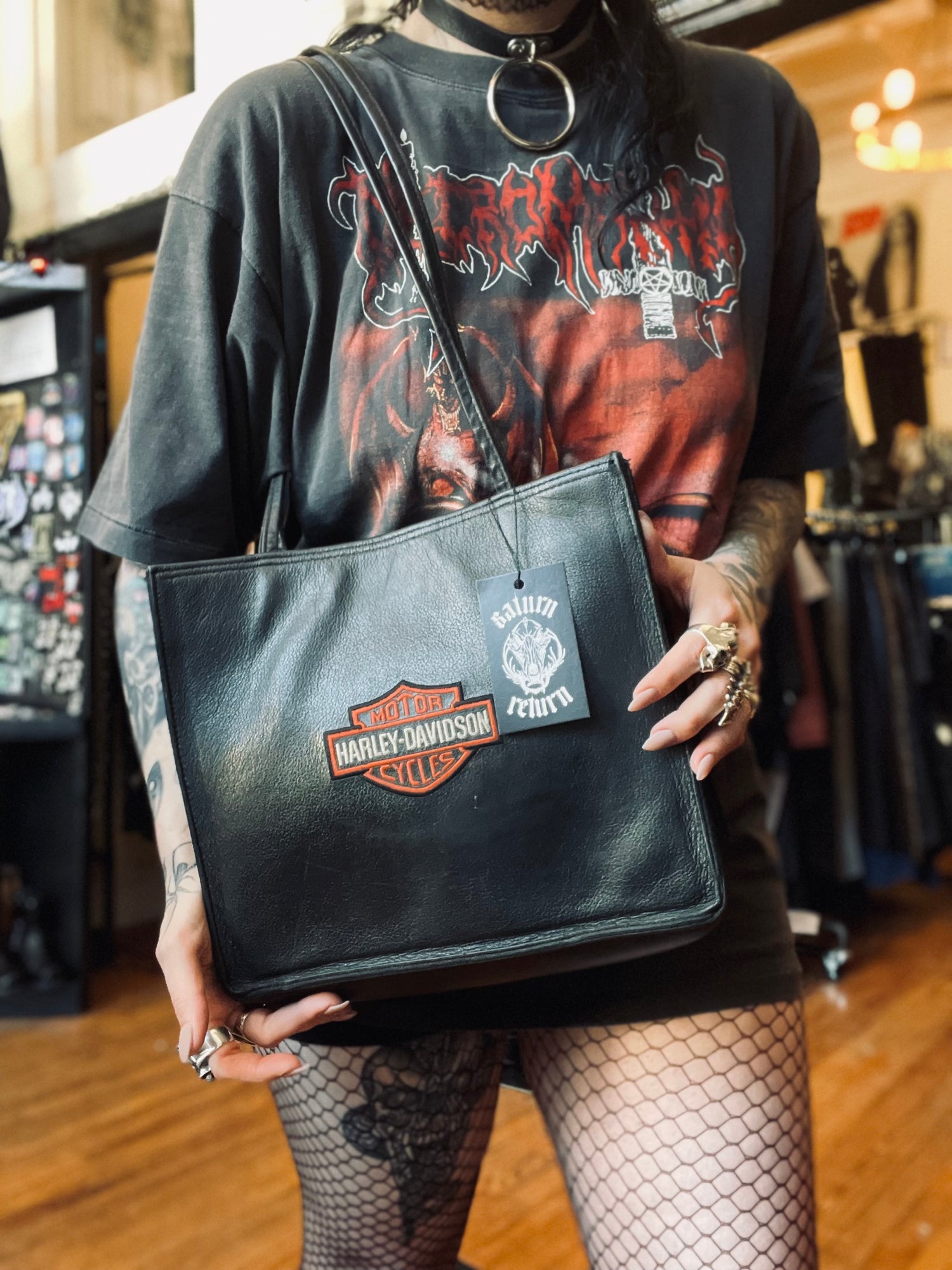 Vintage Harley-Davidson Orange and Black Logo Leather Tote Bag