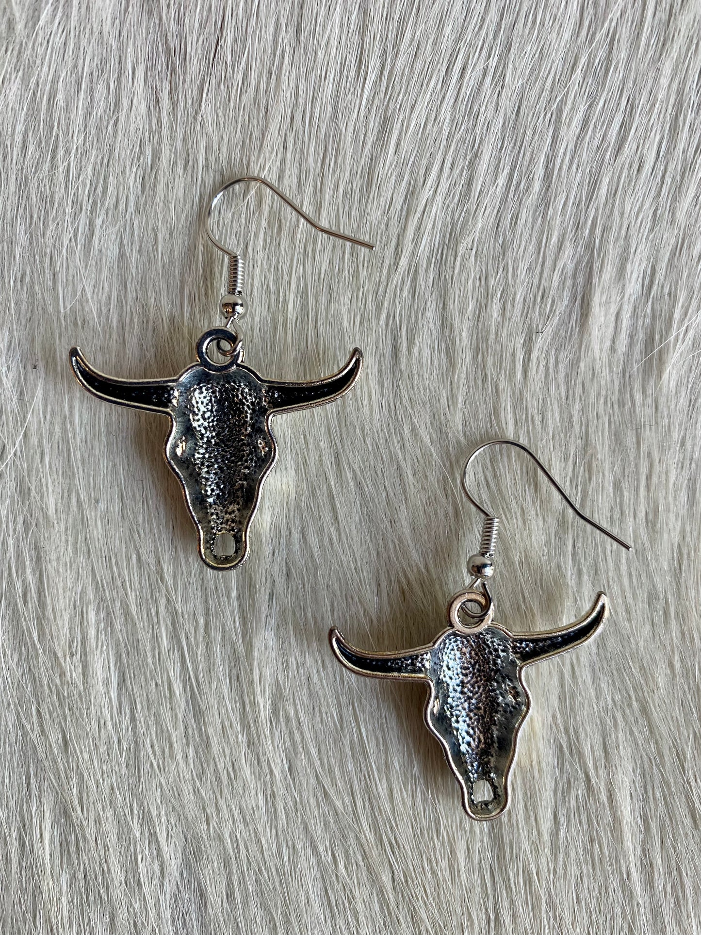 Engraved Western Silver Steer Skull Earrings