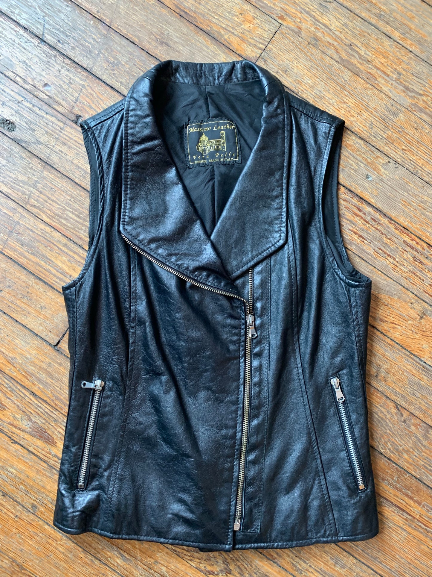 Massimo Black Leather Moto Brass Hardware Vest