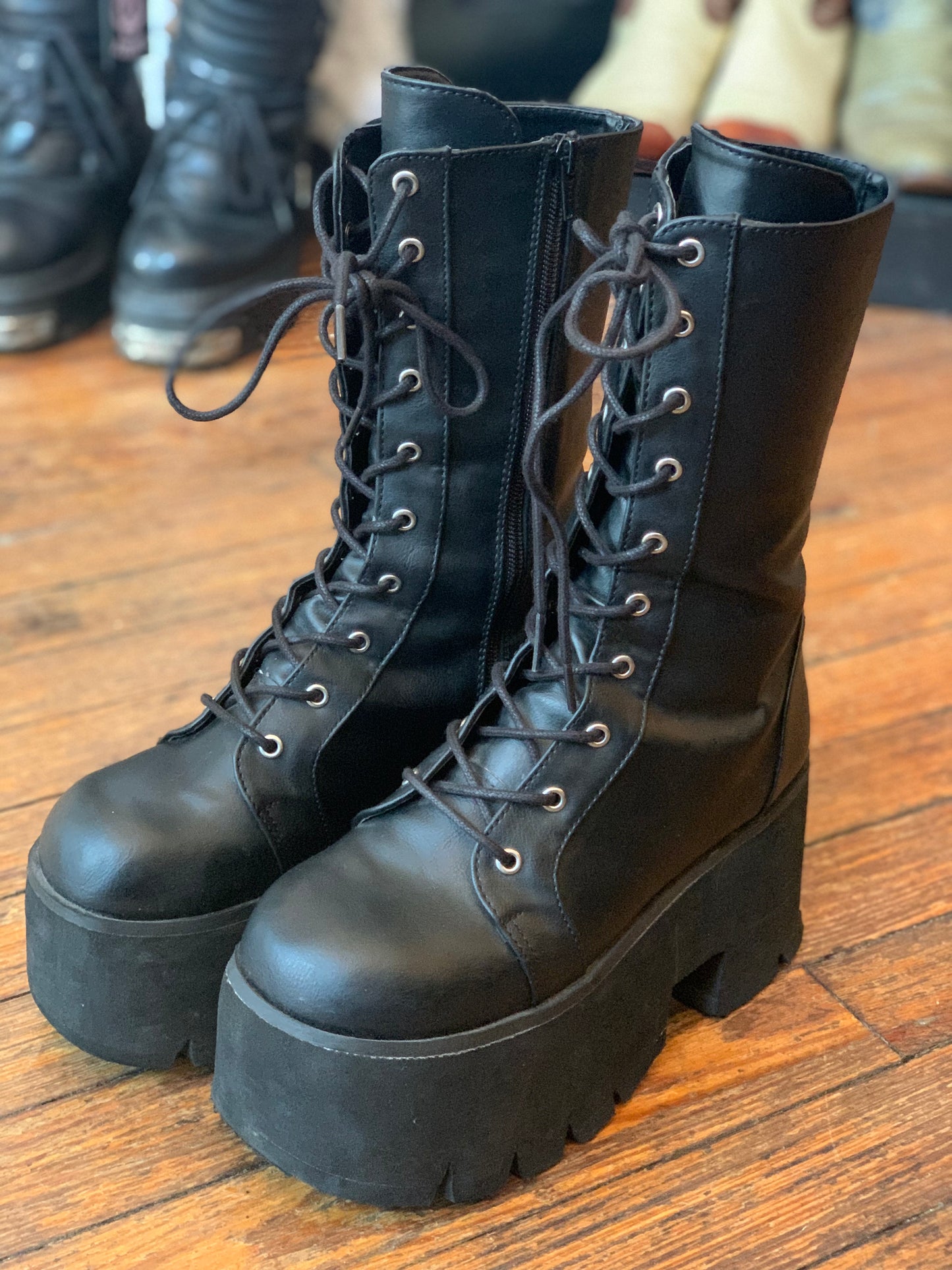 Demonia Vegan Black Leather Ashes-105 Lace-up Platform Boots