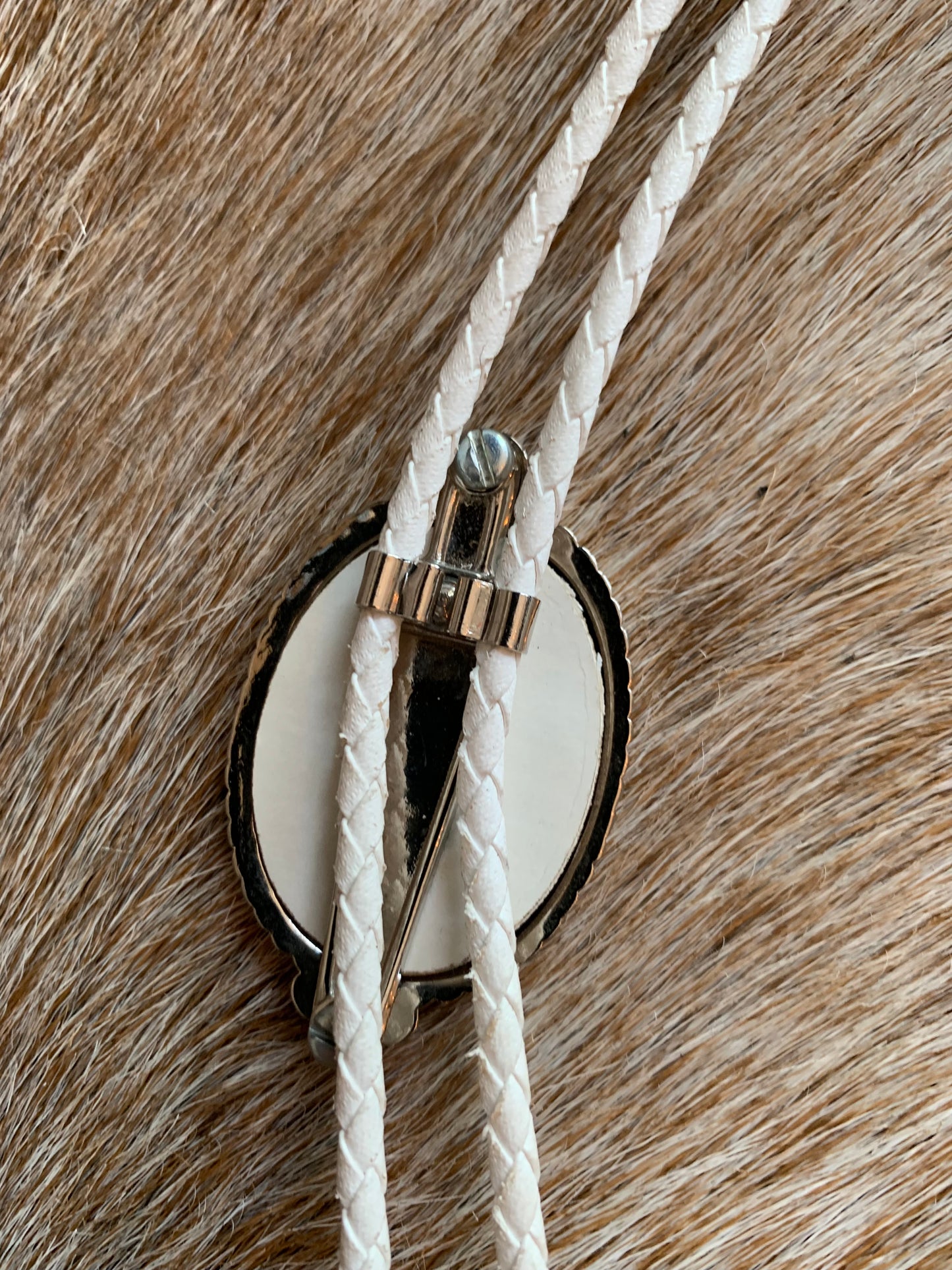 Red Abalone Shell White Cord Bolo Tie