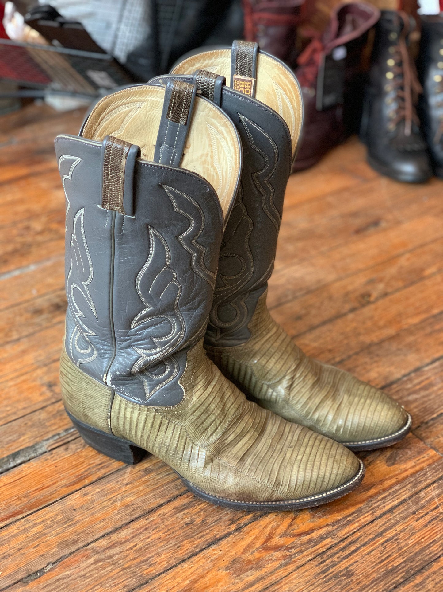 Hondo Grey and Green Lizard Skin Cowboy Boots