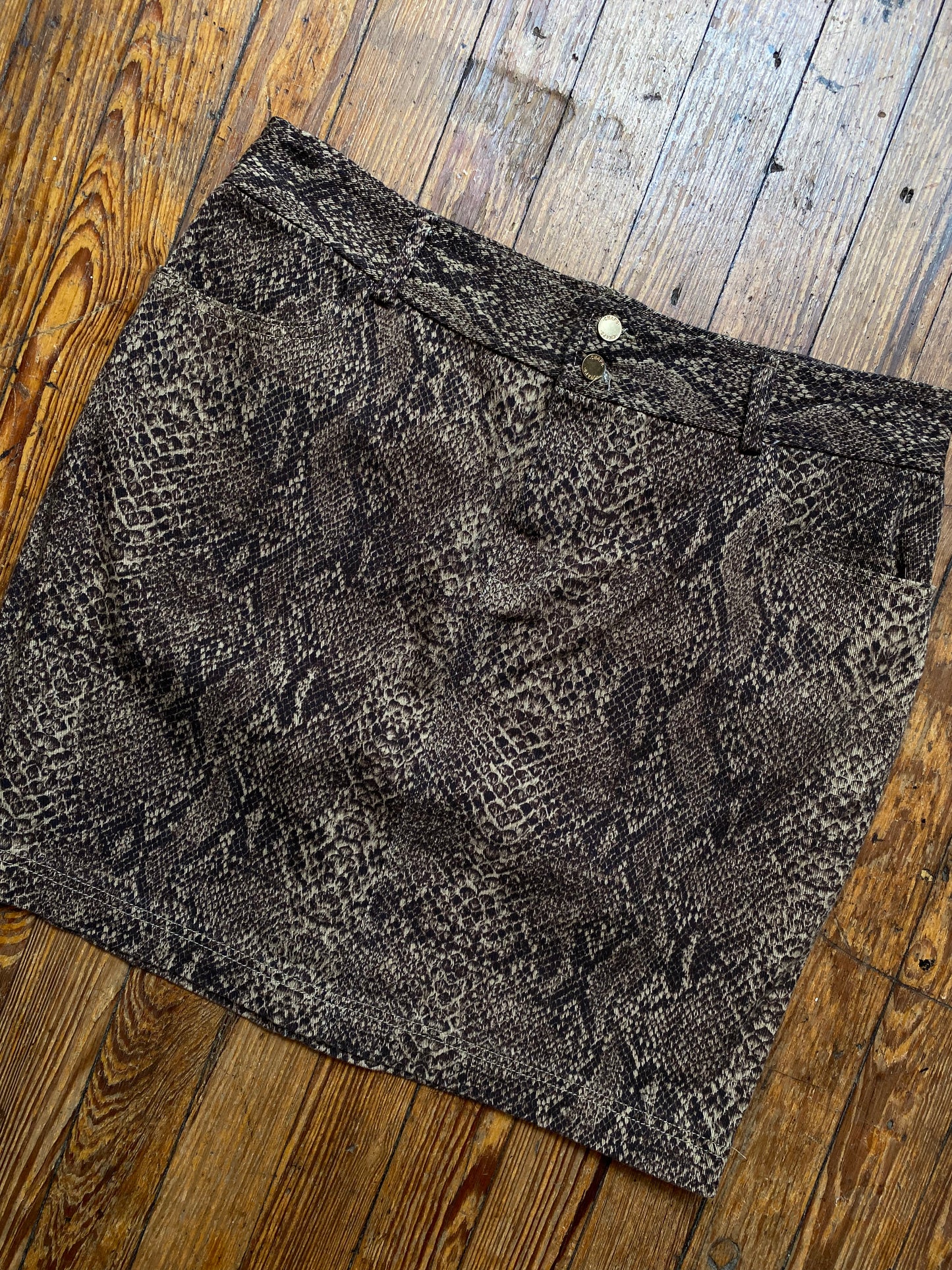 Brown Snakeskin Print Denim Skirt