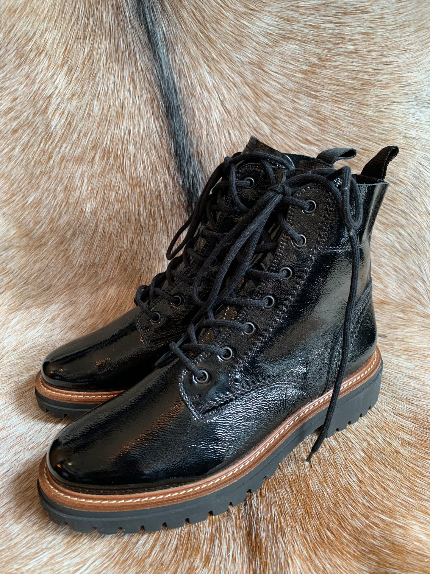 Black and Brown Paul Green Patent Lace-up Combat Boots