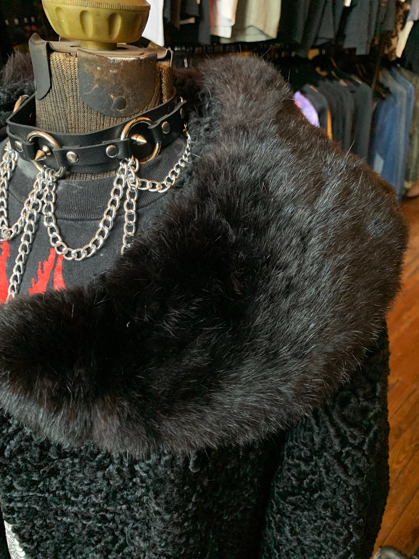 Vintage Black Textured Fur Collar Coat